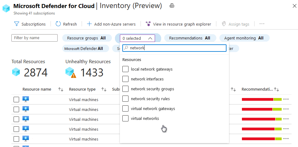 Screenshot that shows asset inventory network resource types.