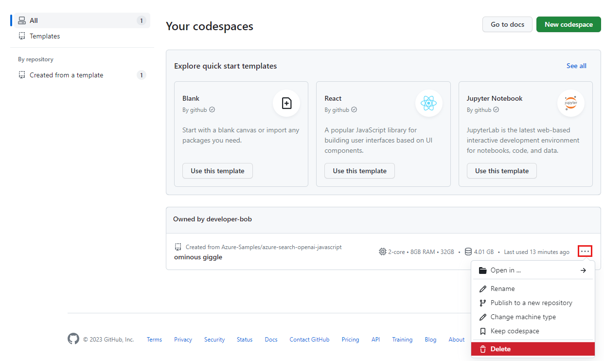 Screenshot of the context menu for a single codespace with the delete option highlighted.