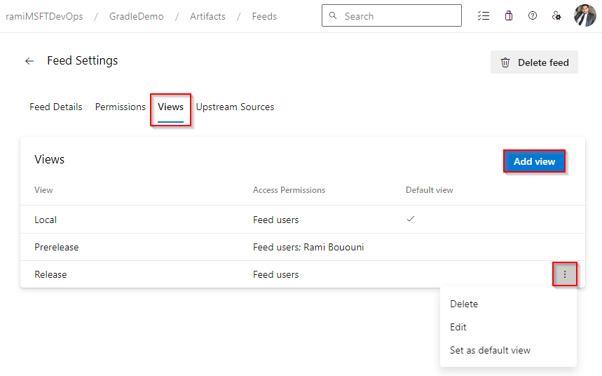 Screenshot showing how to add, edit, or delete feed views.