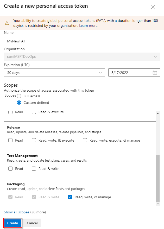 Screenshot showing how to set up a new personal access token.