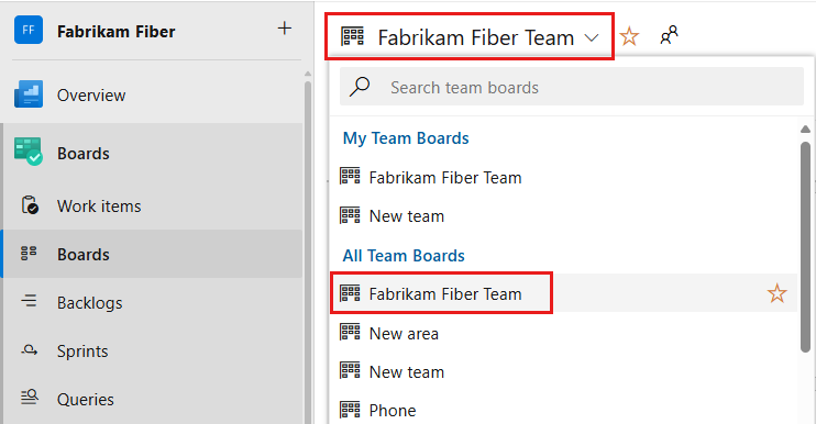 Screenshot showing All Team Boards to choose from, listed in the dropdown menu.