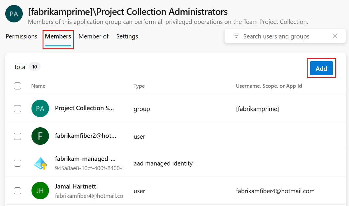 Screenshot showing Project Settings > Permissions, Add member.