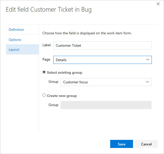 Edit field dialog, Move field to custom group