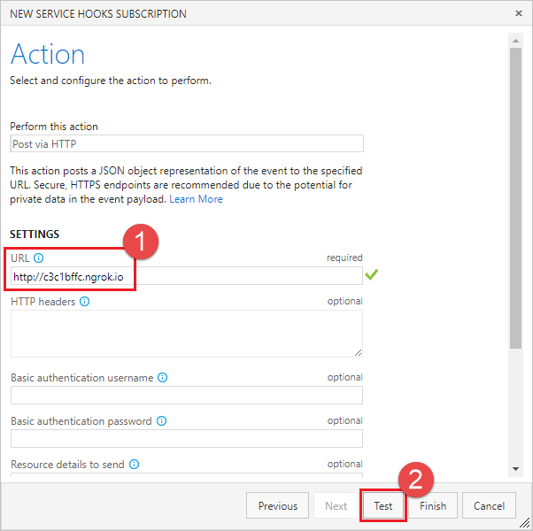 Screenshot shows entered URL and selected test to test the service hook.