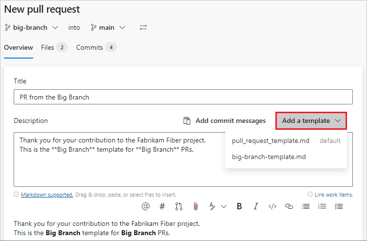 Screenshot showing Add a template when creating a P R.