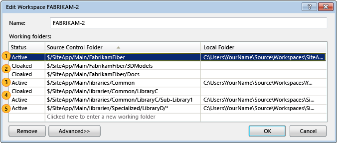 Screenshot that shows editing a workspace in the Edit Workspace dialog box.