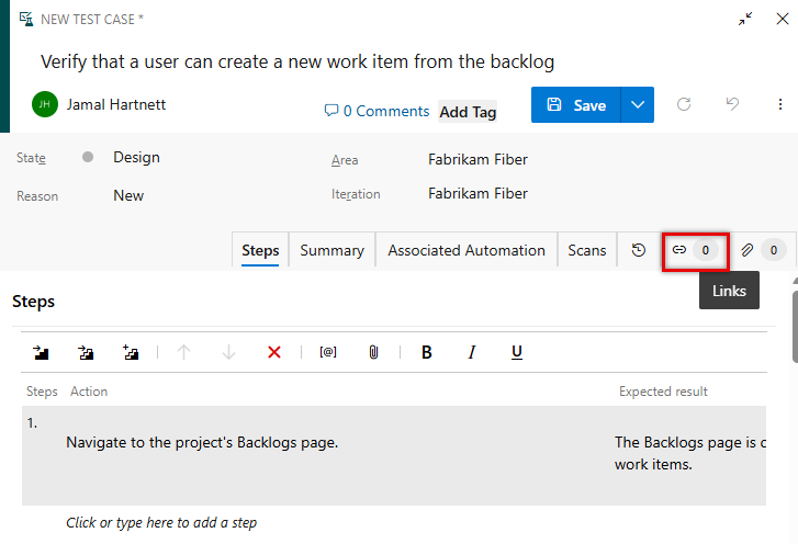 Screenshot showing test case with links button highlighted.