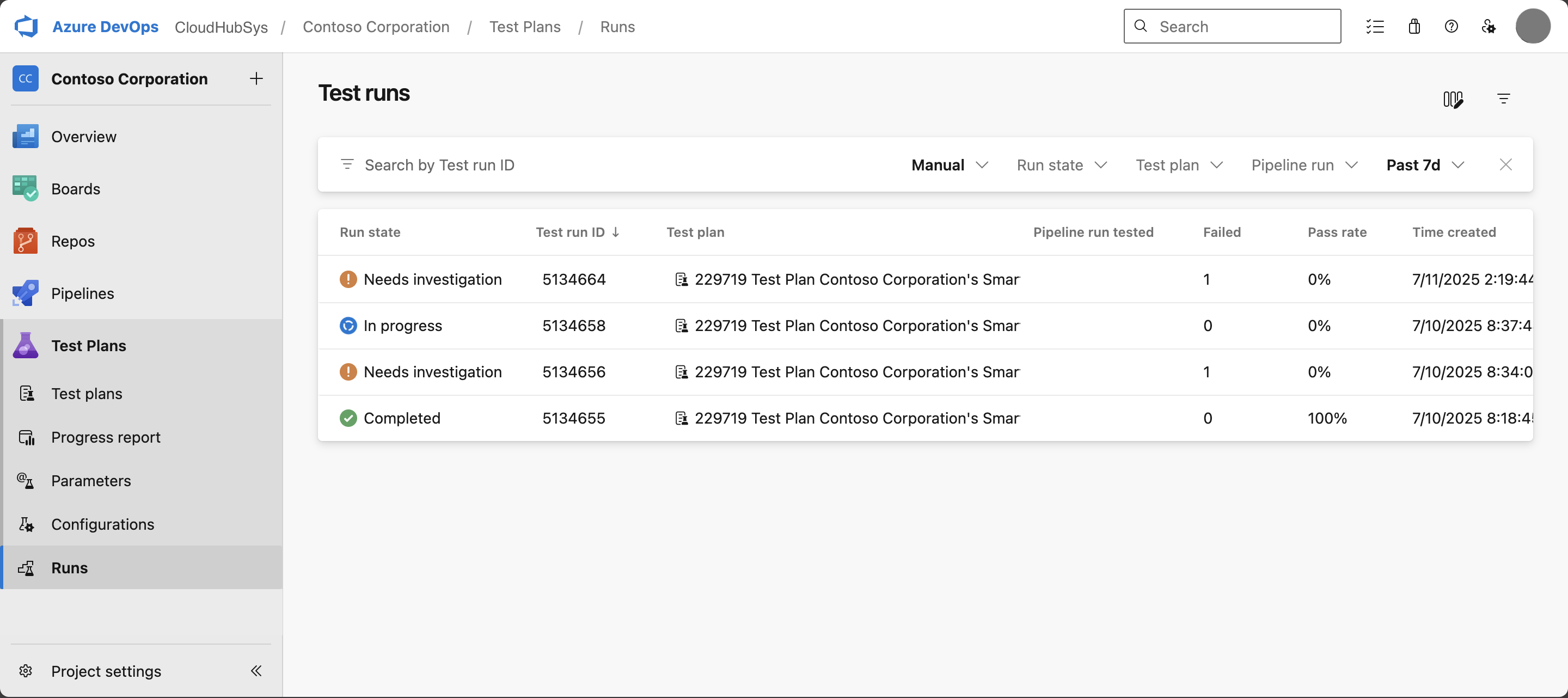 Screenshot of the test runs landing page showing the list of available test runs.