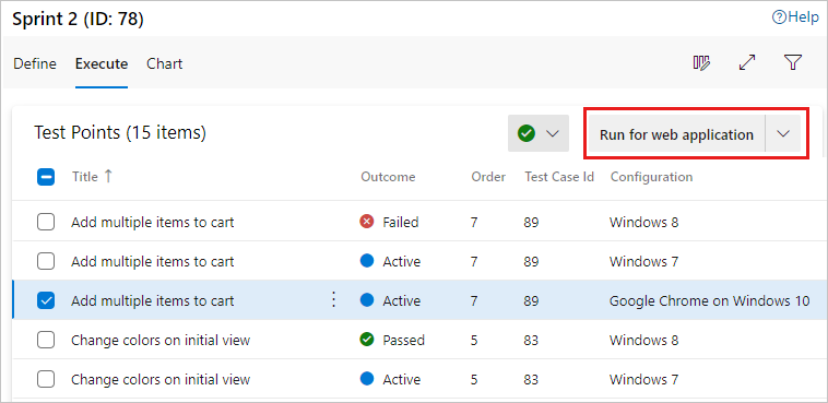 Screenshot shows a test with a specific configuration and the Run for web application option selected.