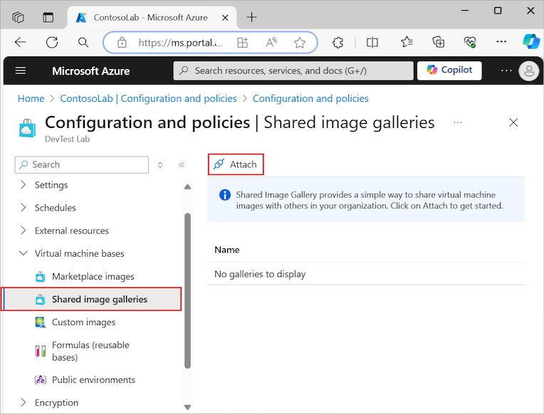 Screenshot that shows how to select the Attach option for shared image galleries for a DevTest Labs resource.