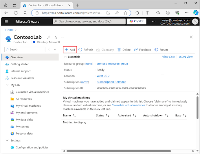 Screenshot that shows how to add a virtual machine for a lab in the Azure portal.