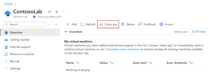 Screenshot that shows how to instruct DevTest Labs to claim any virtual machine.