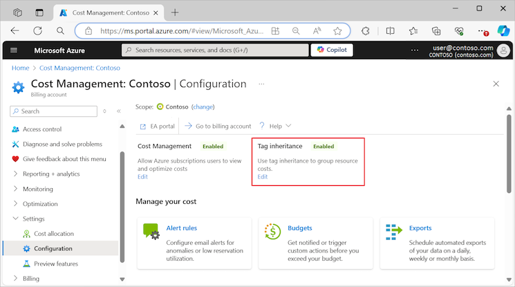 Screenshot that shows Tag Inheritance is Enabled for cost management in the Azure portal.