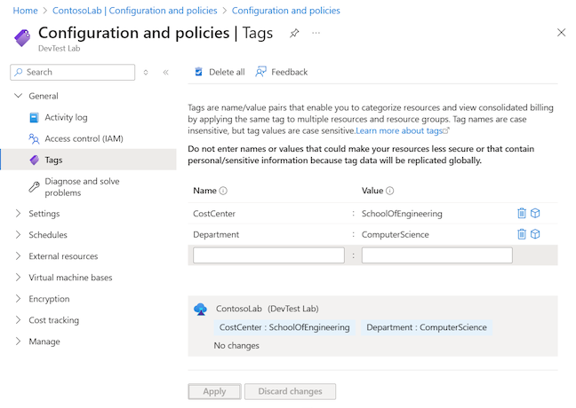 Screenshot that shows tags added for a DevTest Labs resource in the Azure portal.