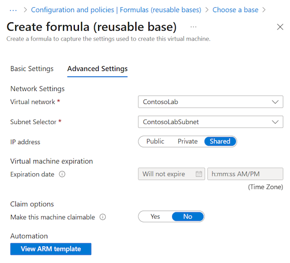 Screenshot of an example Advanced Settings configuration tab for adding a formula in DevTest Labs.