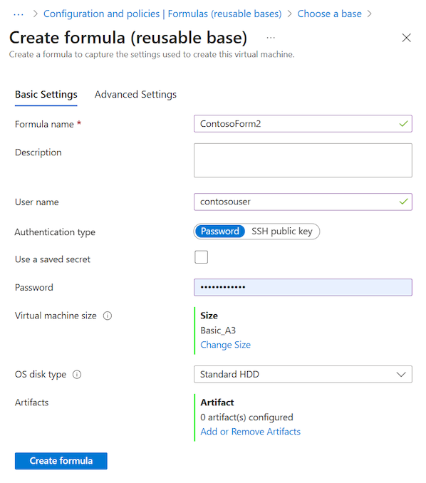 Screenshot of the standard Basic Settings configuration tab for adding a formula in DevTest Labs.