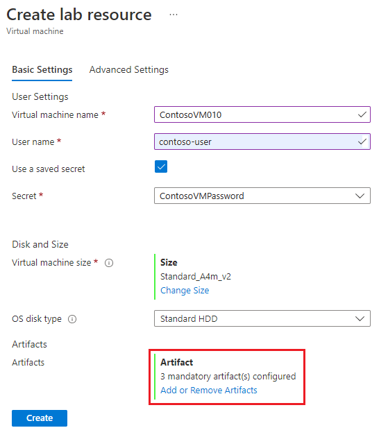 Screenshot that shows the Create lab resource screen with the number of mandatory artifacts and the Add or Remove Artifacts option.