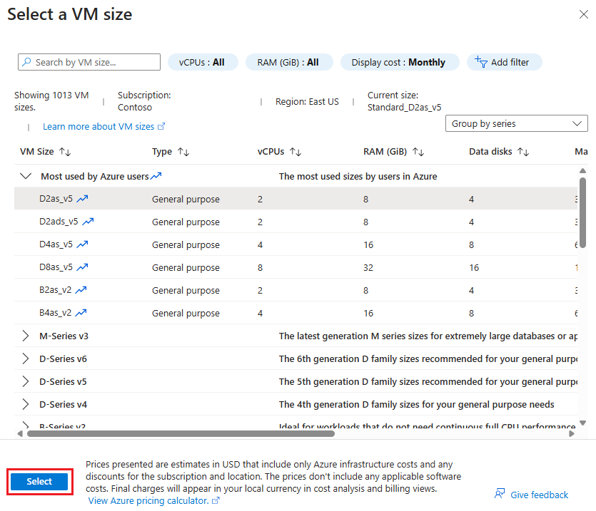 Screenshot that shows selecting a V M size.