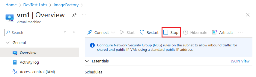 Screenshot that shows selecting Stop on the Overview page for a VM.