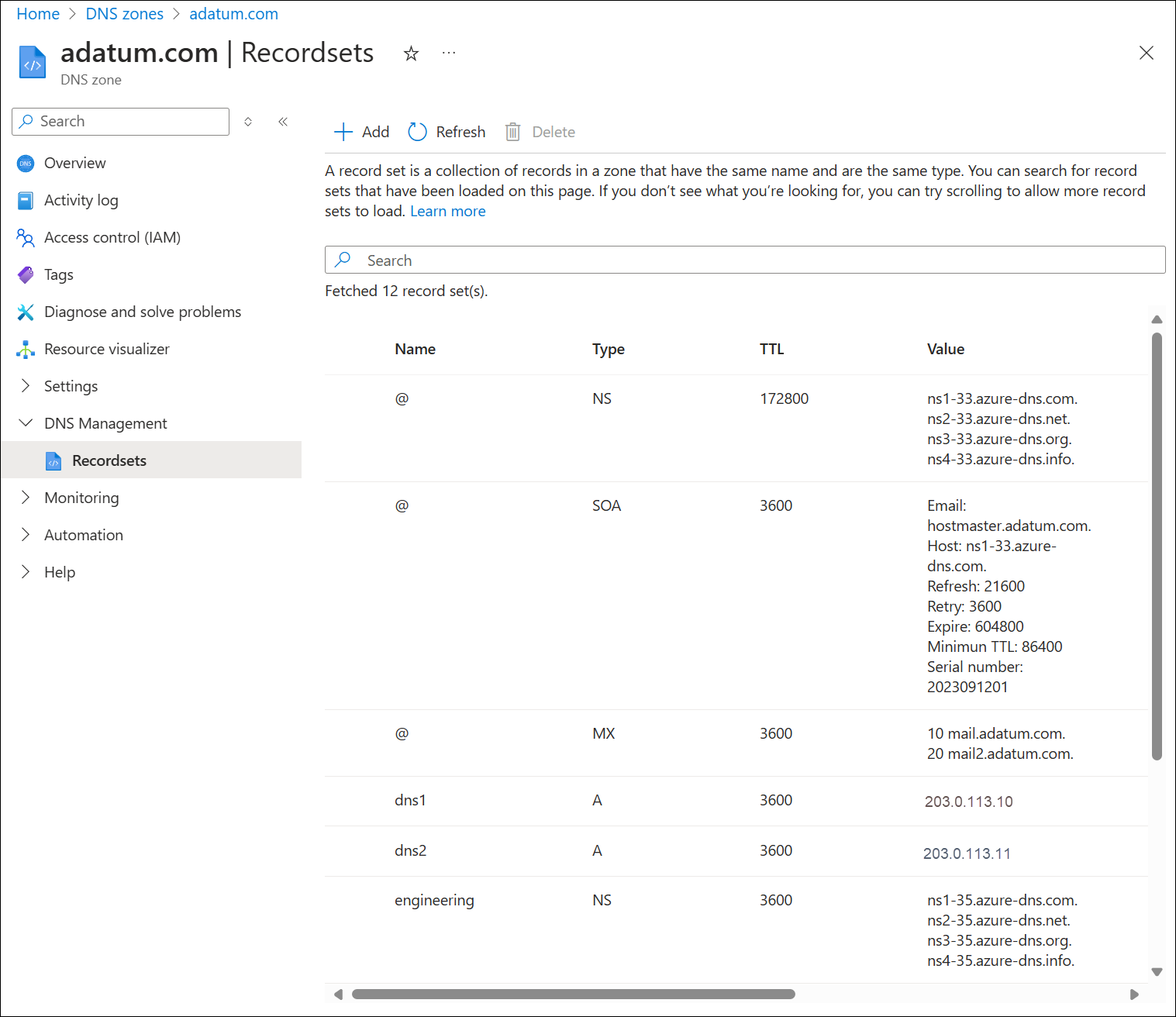 A screenshot of DNS zone record sets.