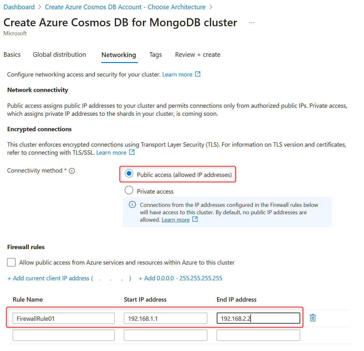 Screenshot of the firewall rule addition during a new Azure DocumentDB cluster creation.