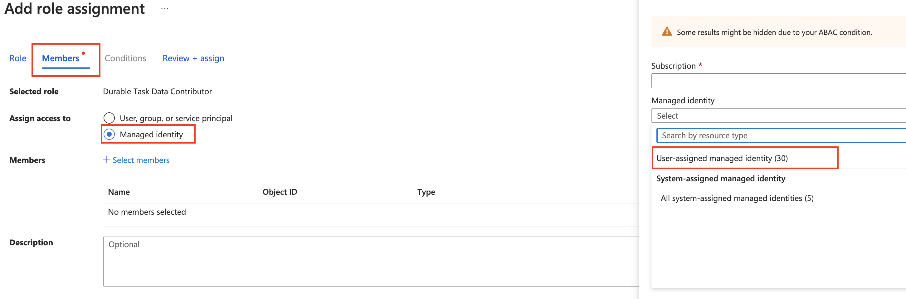 Screenshot of selecting the user-assigned managed identity type you're going to use in the portal.