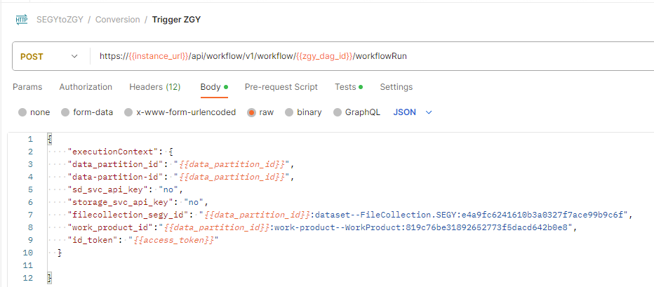 Screenshot that shows the API call to start the conversion workflow in Postman.
