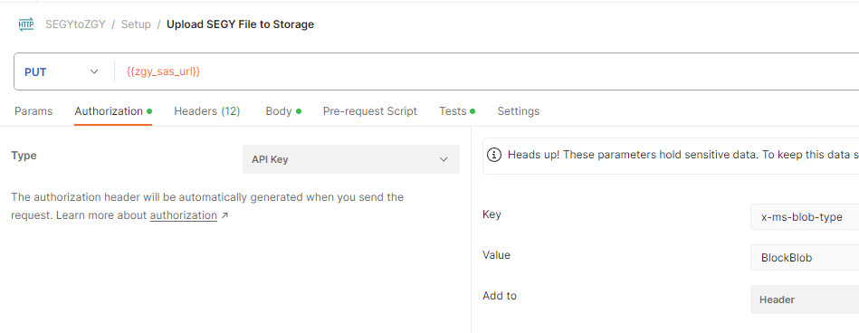 Screenshot that shows the API call to upload a file in Postman.