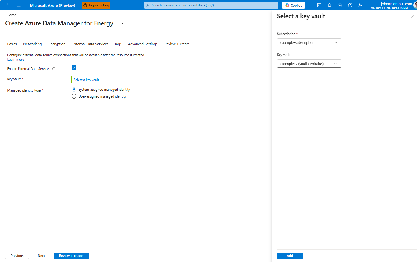Screenshot of the External Data Services tab with Select a key vault flyout panel open.
