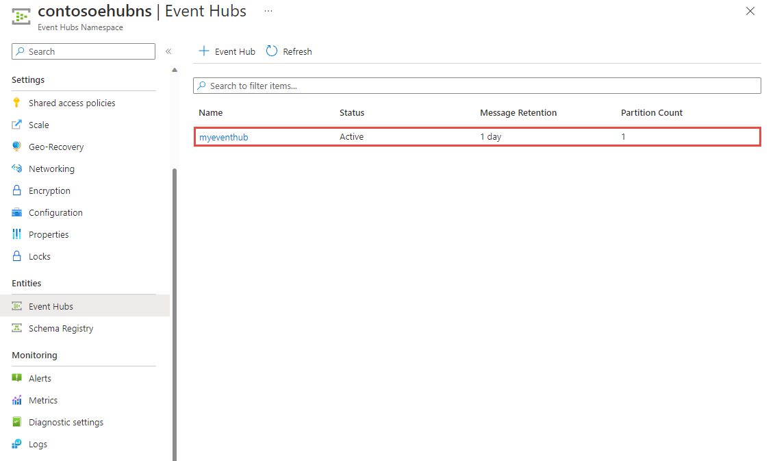 Screenshot showing the list of event hubs.