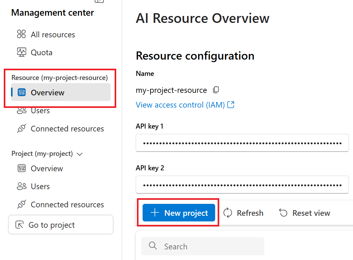 Screenshot shows how to create a second project on an existing resource.