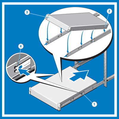 Install system in a rack diagram, with steps numbered