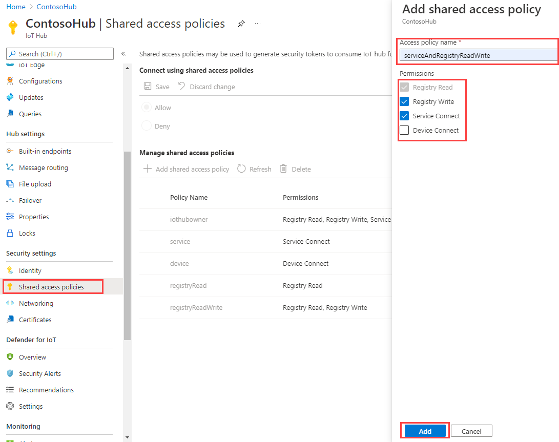 Screen capture that shows how to add a new shared access policy