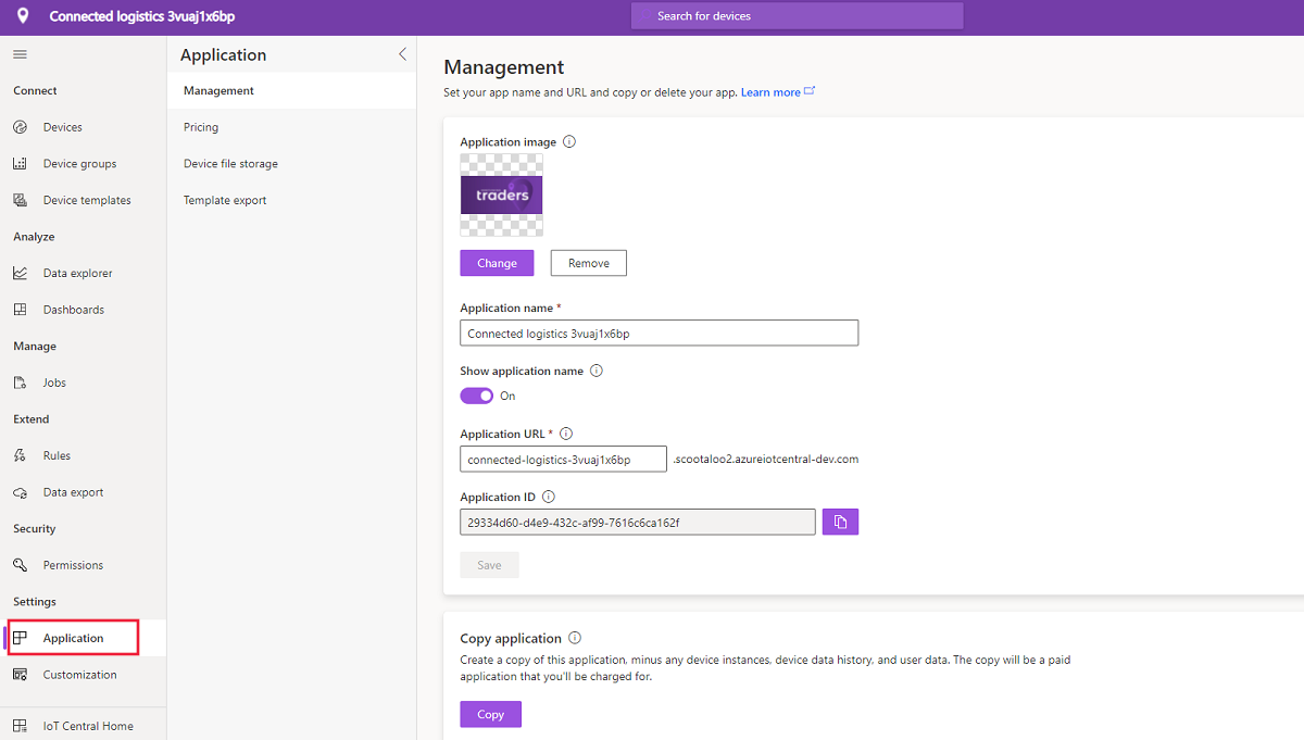 Screenshot of IoT application page where can access various configuration settings for the application.