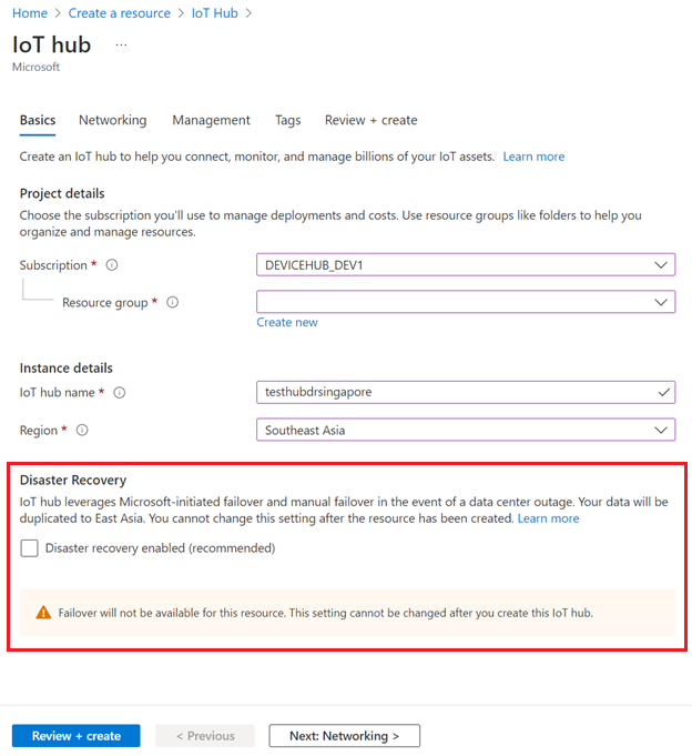 Screenshot that shows disaster recovery option for an IoT hub in Singapore region.