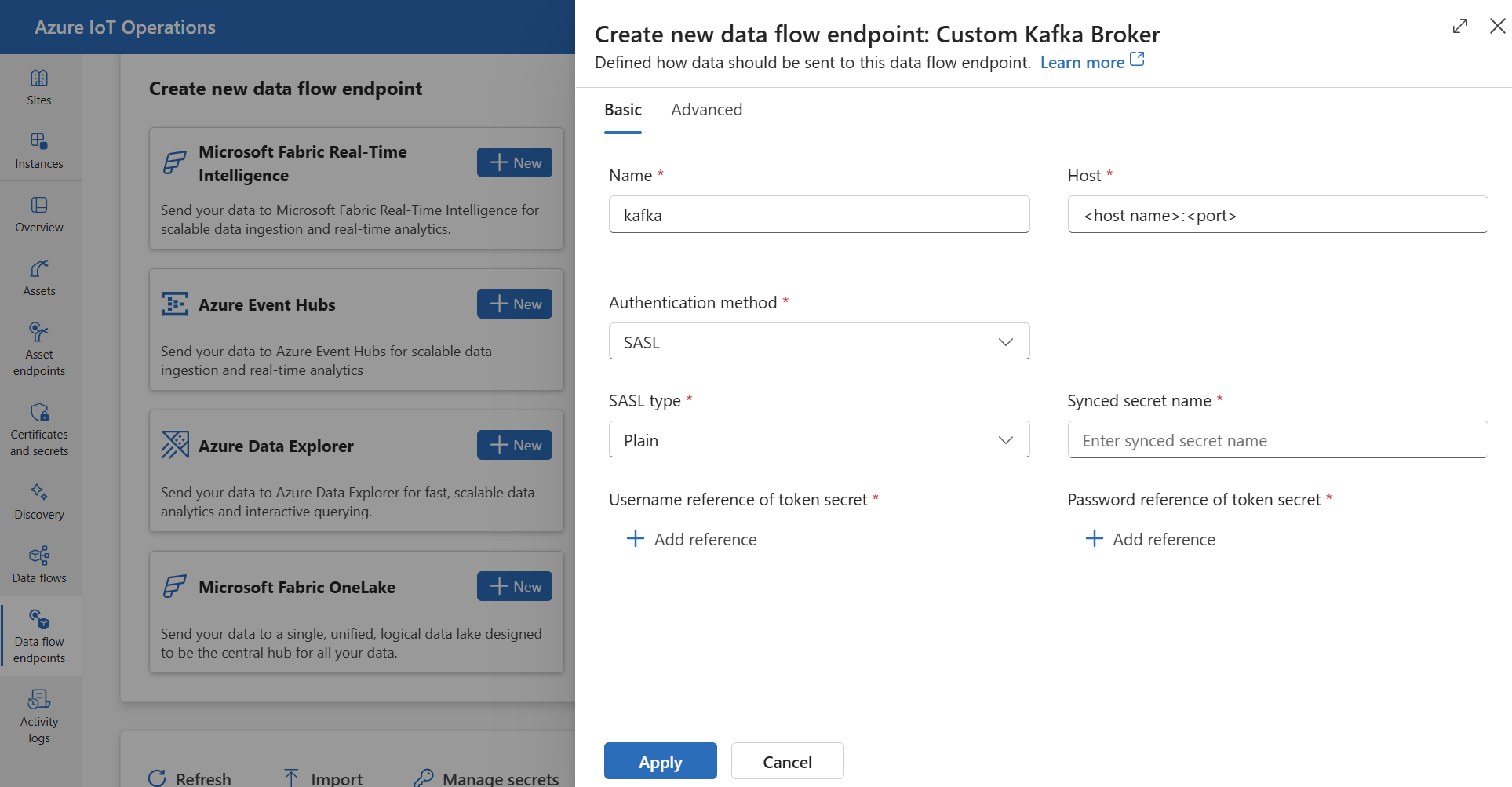 Screenshot using operations experience to create a Kafka data flow endpoint.