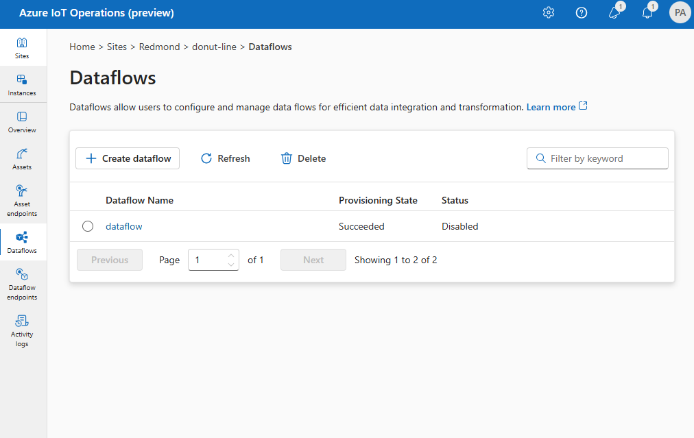 Screenshot using operations experience portal to create a dataflow.