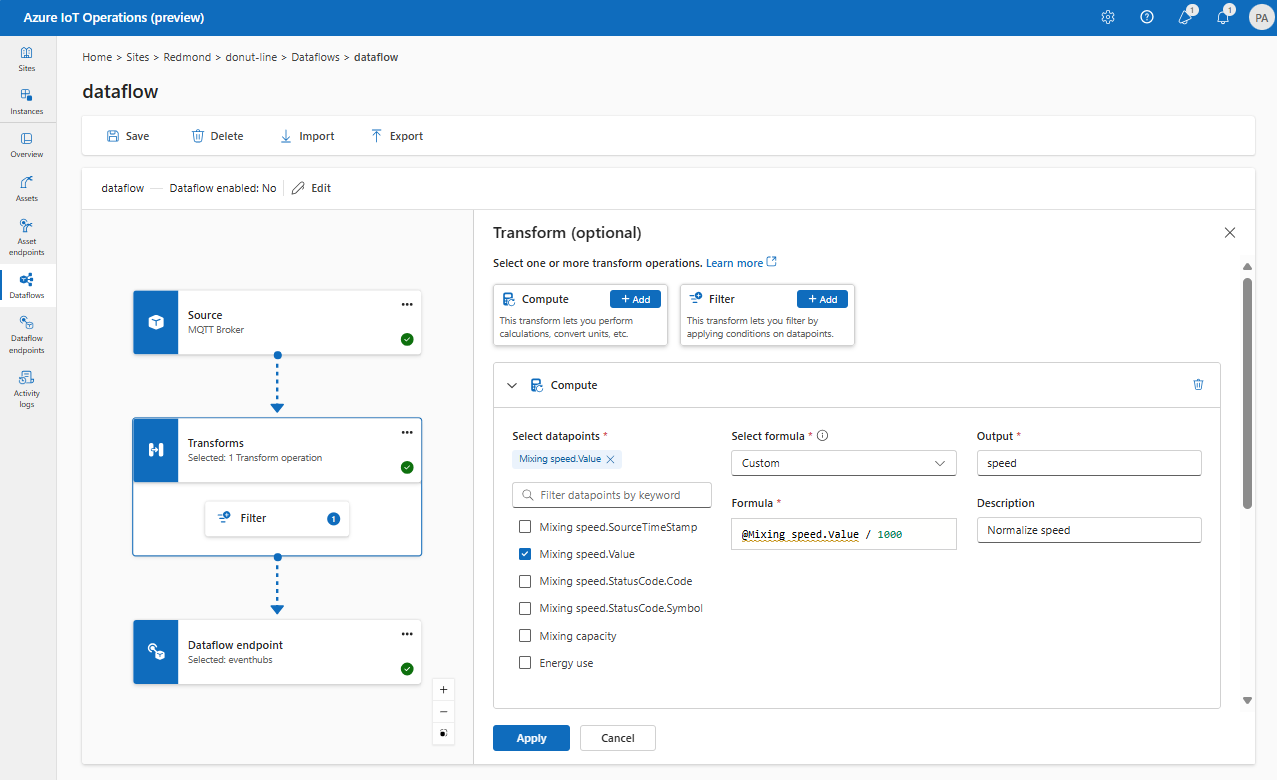 Screenshot using operations experience portal to add a compute transform.