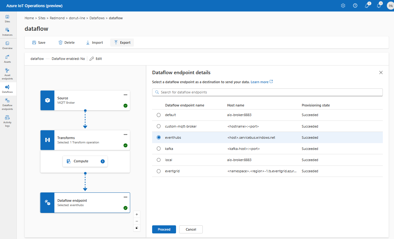 Screenshot using operations experience portal to select Event Hubs destination endpoint.