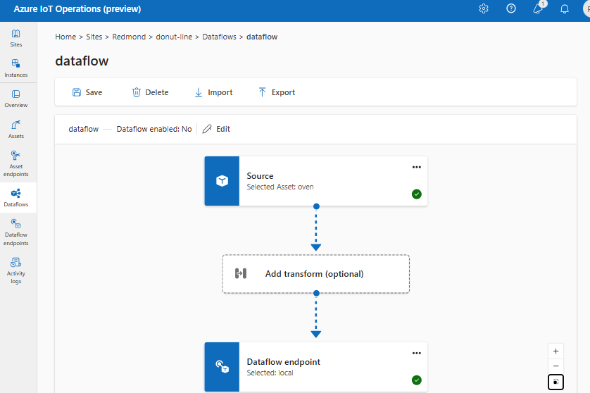 Screenshot using operations experience portal to export a dataflow.