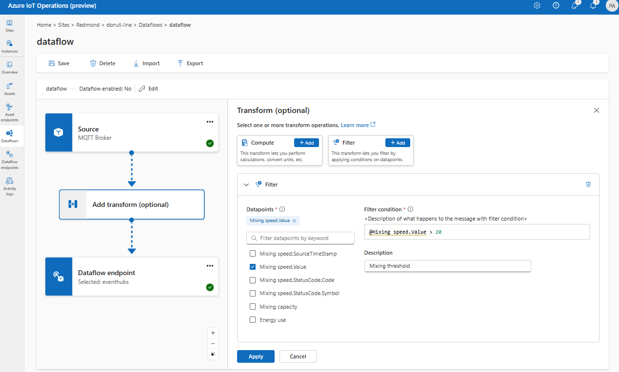 Screenshot using operations experience portal to add a filter transform.