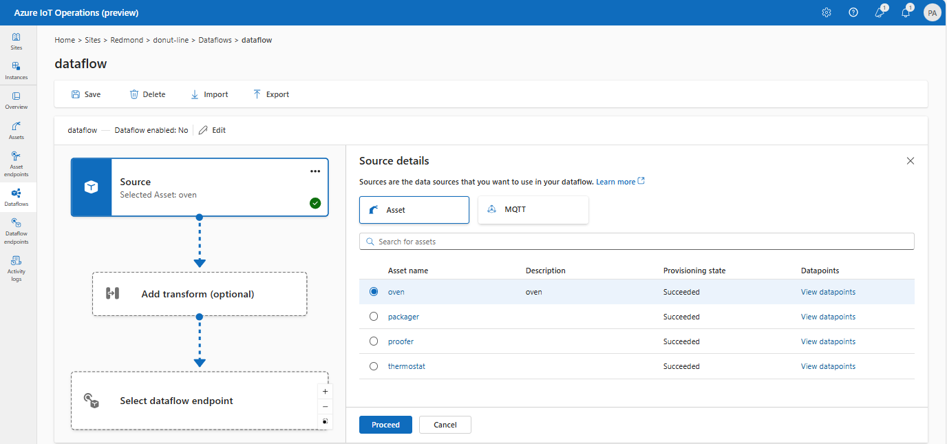 Screenshot using operations experience portal to select an asset as the source endpoint.