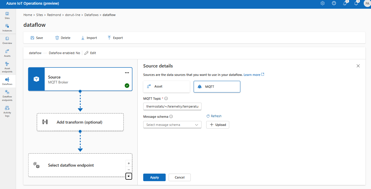 Screenshot using operations experience portal to select MQTT as the source endpoint.