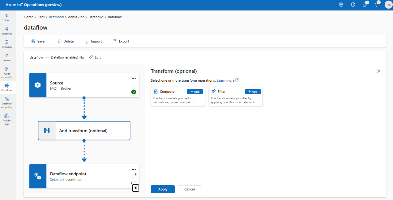 Screenshot using operations experience portal to add a transform to a dataflow.