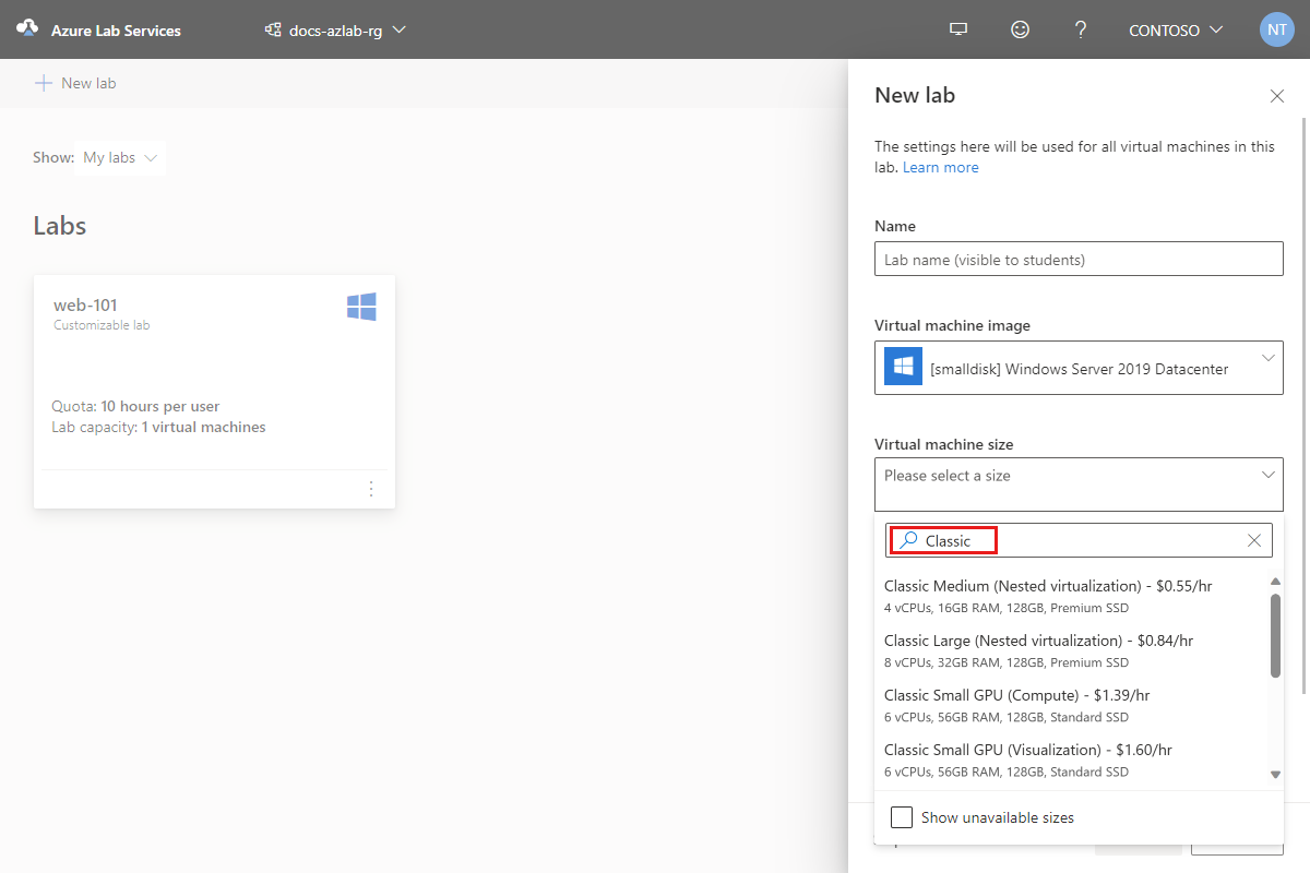 Screenshot that shows the Create lab window, highlighting the classic VM sizes.