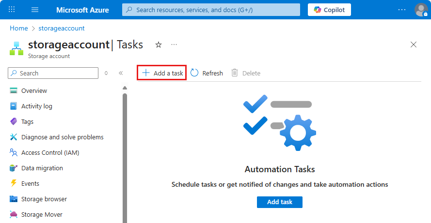 Screenshot that shows the "Tasks (preview)" pane with "Add a task" selected.