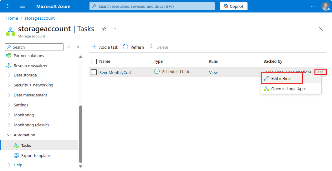 Screenshot that shows the opened ellipses menu and the selected option, "Edit in-line".