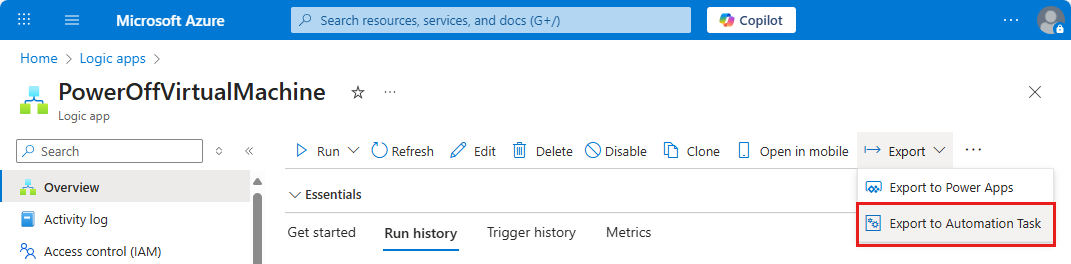 Screenshot showing the 'Overview' pane toolbar with 'Export' menu open and 'Export to Automation Task' selected.