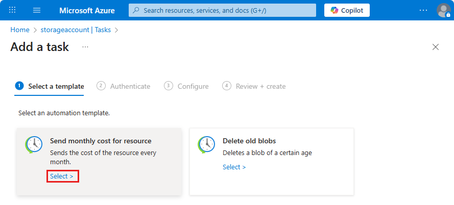 Screenshot that shows the "Add a task" pane with "Send monthly cost for resource" template selected.
