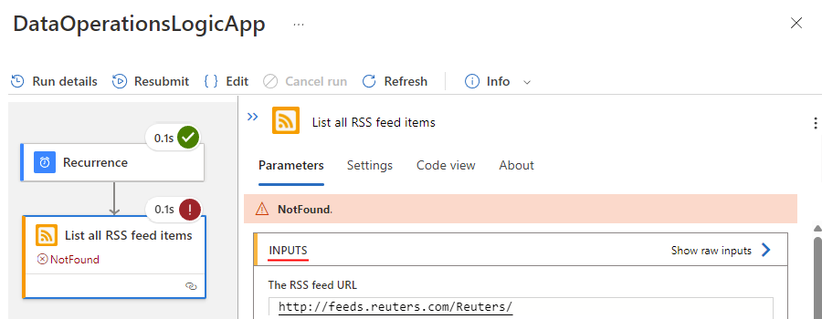 Screenshot showing Consumption logic app workflow with failed step details.